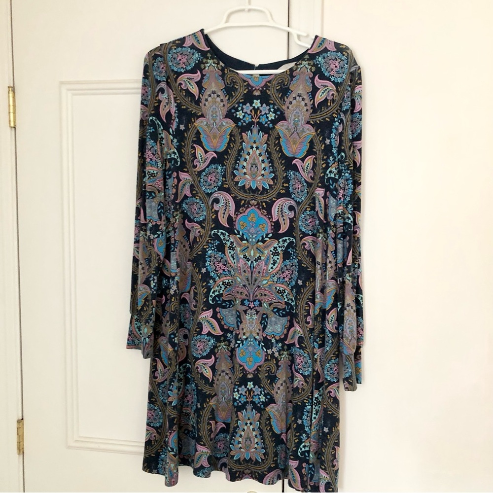 Loft Navy Paisley Print Swing dress long sleeves M Medium boho
